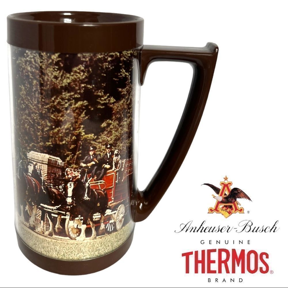 Vintage Anheuser BuschBeer Clydesdale Photo Brown Thermos Brand Mug from 1970’s 